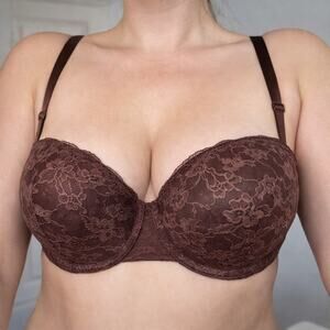 Victoria’s Secret Brown Lace Strapless Bra 36D Convertible Push Up Lined Demi